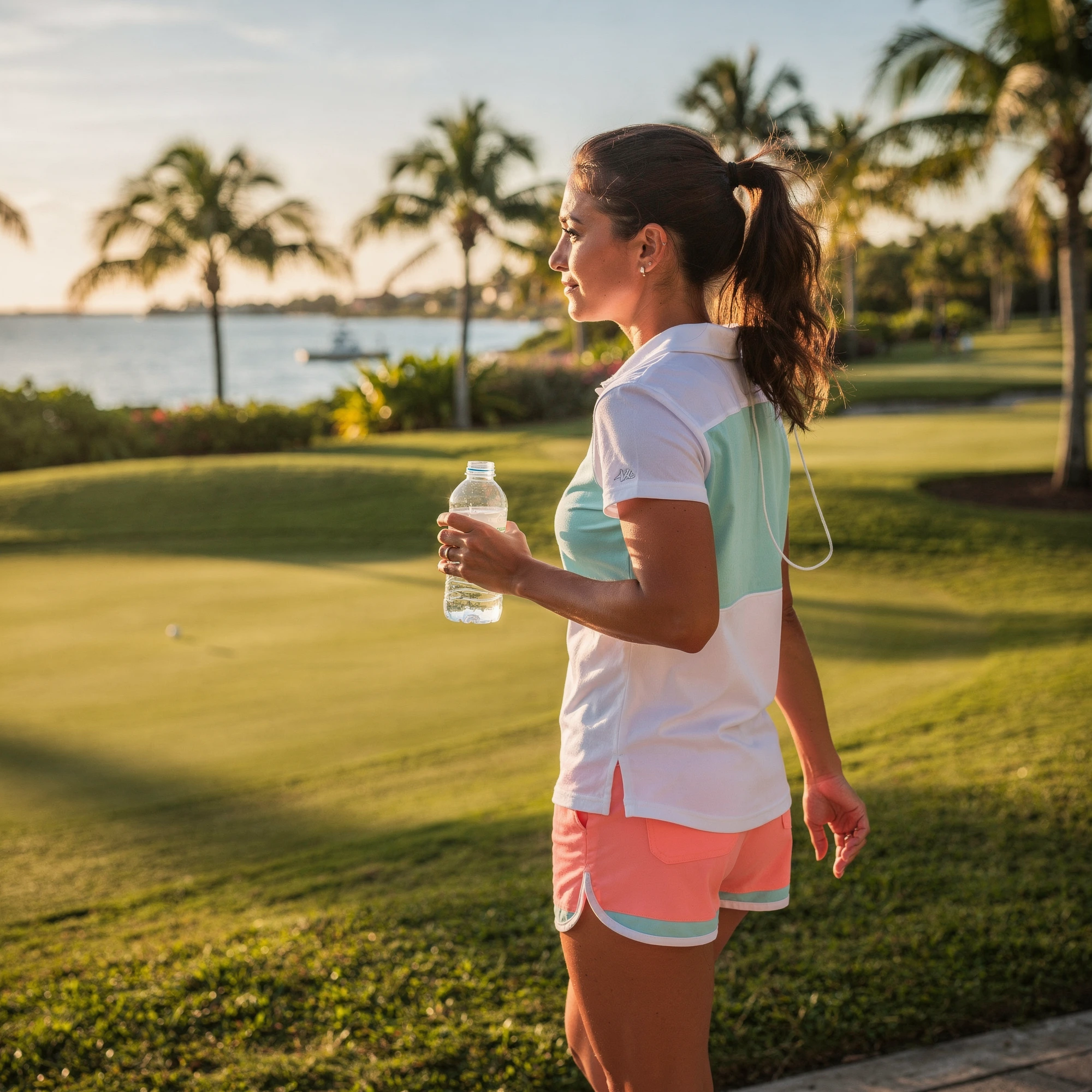 Woman holding a water bottle on a Southwest Florida golf course at sunset - urologist care process for Punta Gorda, FL patients